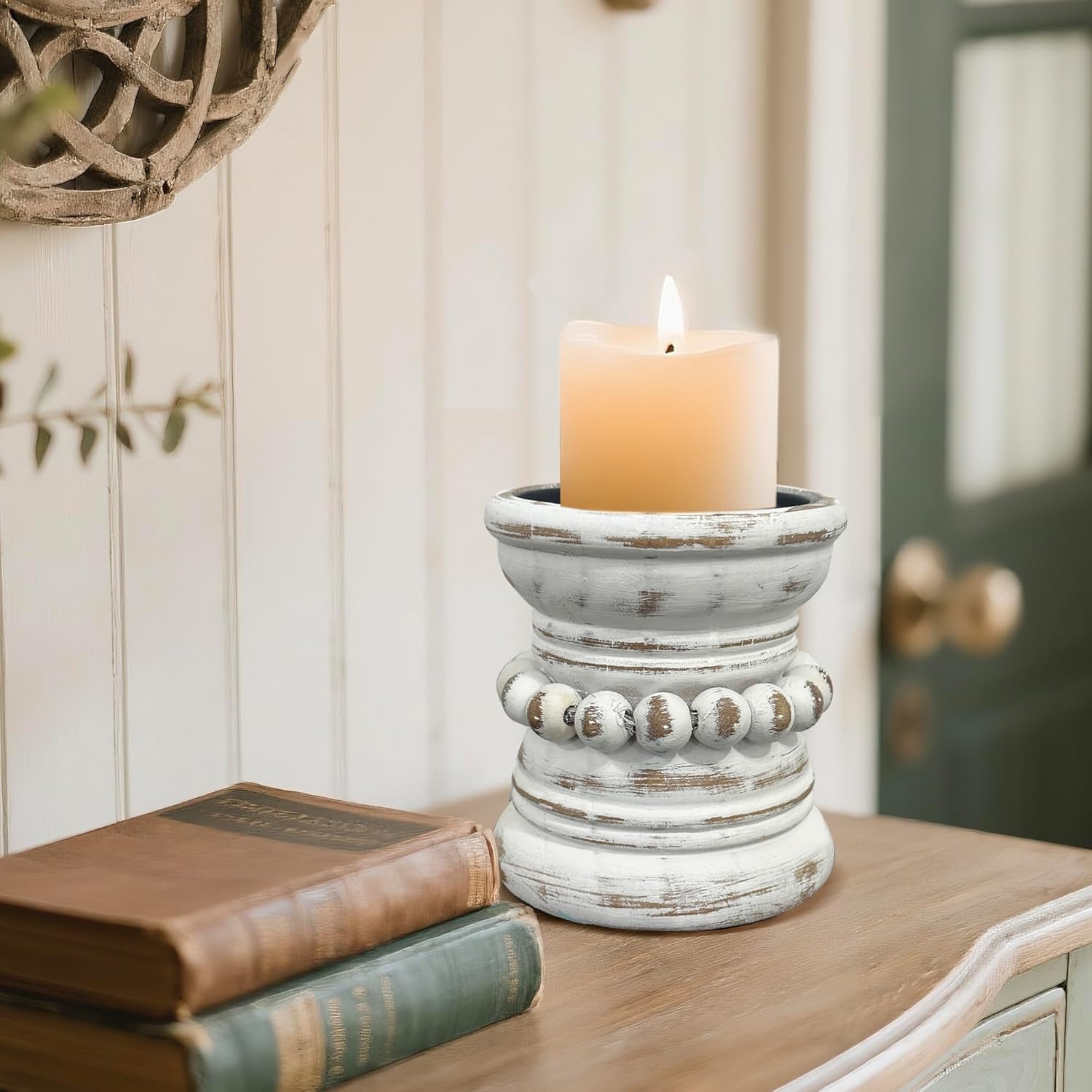 dwellington Farmhouse Rustic Wood Pillar Candle Holder, Decorative Beaded Candlestick Holder Stand for Home Décor, Gifts, Wedding (White Wash)