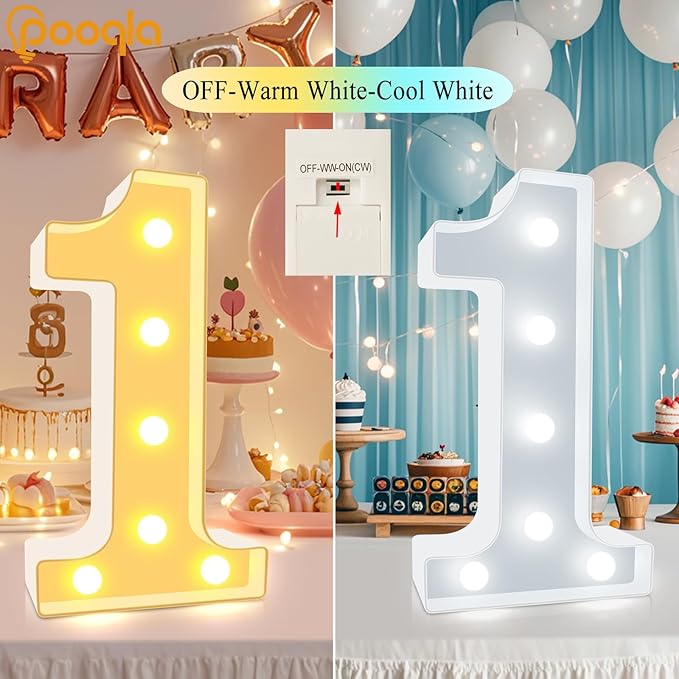 Pooqla LED Light Up Numbers, Warm White and Cool White Decorative Lighted Marquee Numbers, Light Up Numbers for 1st Birthday, Boys Girls, Party, Wedding, Bar, Night Light, Room Decor, Number 1