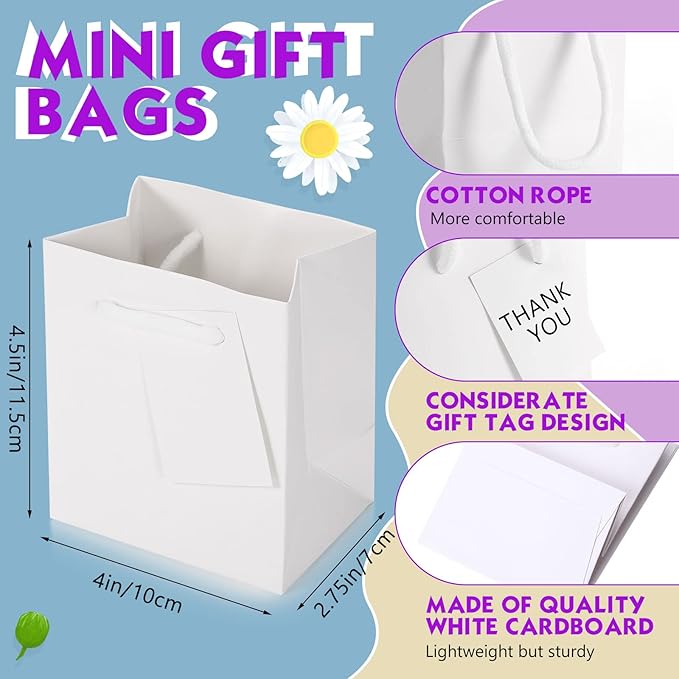 Sherr 100 Pack Mini Gift Bags Bulk, 4 x 2.75 x 4.5 Inches Paper Bags with Tags, Extra Small Paper Gift Boxes with Handles for Birthday, Party Favors, Weddings, Small Business(White)