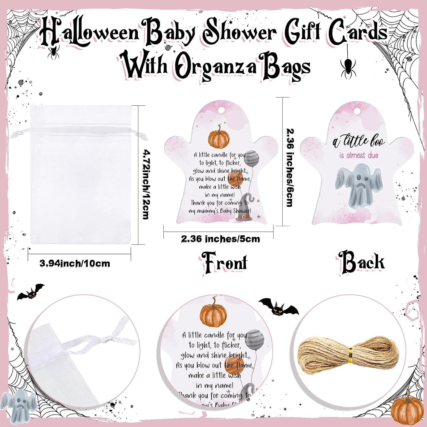 MTLEE 50 Sets Halloween a Little Boo is Almost Du Baby Shower Favors Cute Ghost Candles Unscented with Mini Ghost Thank You Cards Bags for Halloween Boo Gender Reveal Party Supplies (Pink)