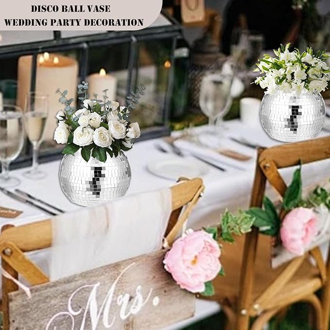 6 Pcs Disco Ball Vase,Plastic Disco Ball Centerpieces Silver Disco Ball Planter Mirror Disco Ball Ice Bucket Disco Ball Decor Can Be Used for Wedding Centerpieces,Birthday,Office(9 Inch)