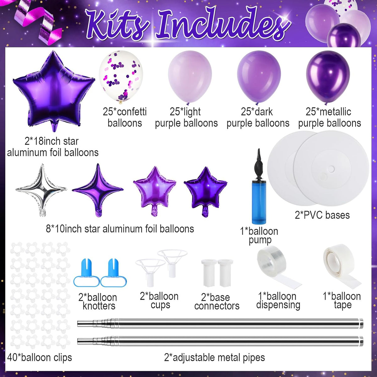 Gejoy 110 Pcs Purple and Silver Balloon Arch Column Stand Kit