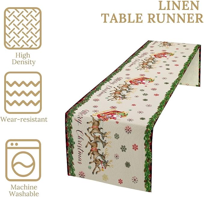 Christmas Table Runner,Xmas Deer Cute Santa Claus Red Plaid Pattern Printed Tablecloth Burlap for Hotel Indoors Outdoor Dining Room Kitchen Home Decor,W13X L60 in
