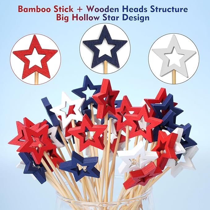 Minisland Big Red Star Cocktail Picks, 5.5 Inch Long Bamboo Fancy Toothpicks for Appetizers, Decorative Christmas New Year Holiday Party Food Drinks Garnish Fruit Skewer Sticks 50 Counts - MSL432