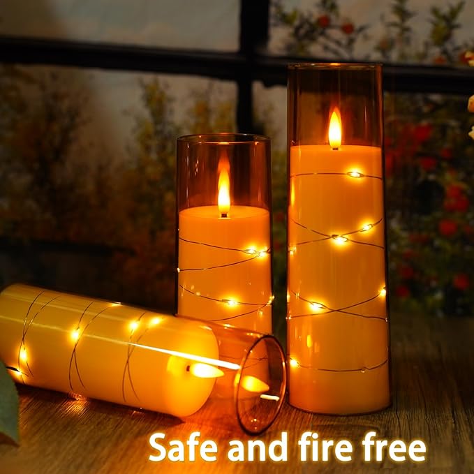 Flickering Flameless LED Candles,Battery Operated Candles 9 Pcs with Embedded Star String,Acrylic LED Pillar Candles with Remote,Suitable for Home Decoration to Create an Atmosphere（Gold）