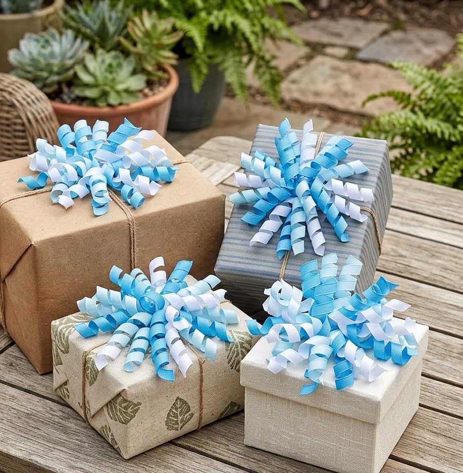 6PCS Blue Self-Adhesive Curly Bows, 6" Pre-Made Bows for Gift Wrap, Grosgrain Ribbon Bow for Basket Decoration, for Champagne, Present Bow for Birthday, Party, Anniversary (Mix Blue, 6 inches)