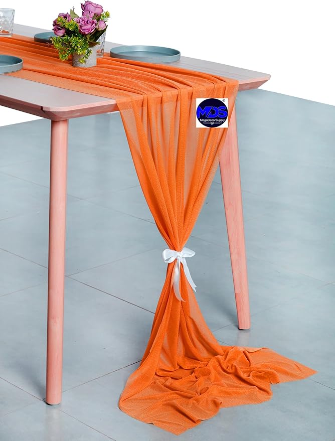 MDS 5 Pack 10ft Chiffon Table Runner 29 x 120 Inches Sheer Wedding Runner Romantic Rustic Table Runner for Wedding Decorations, Birthday Parties, Bridal Shower Party Arch Decor - Orange