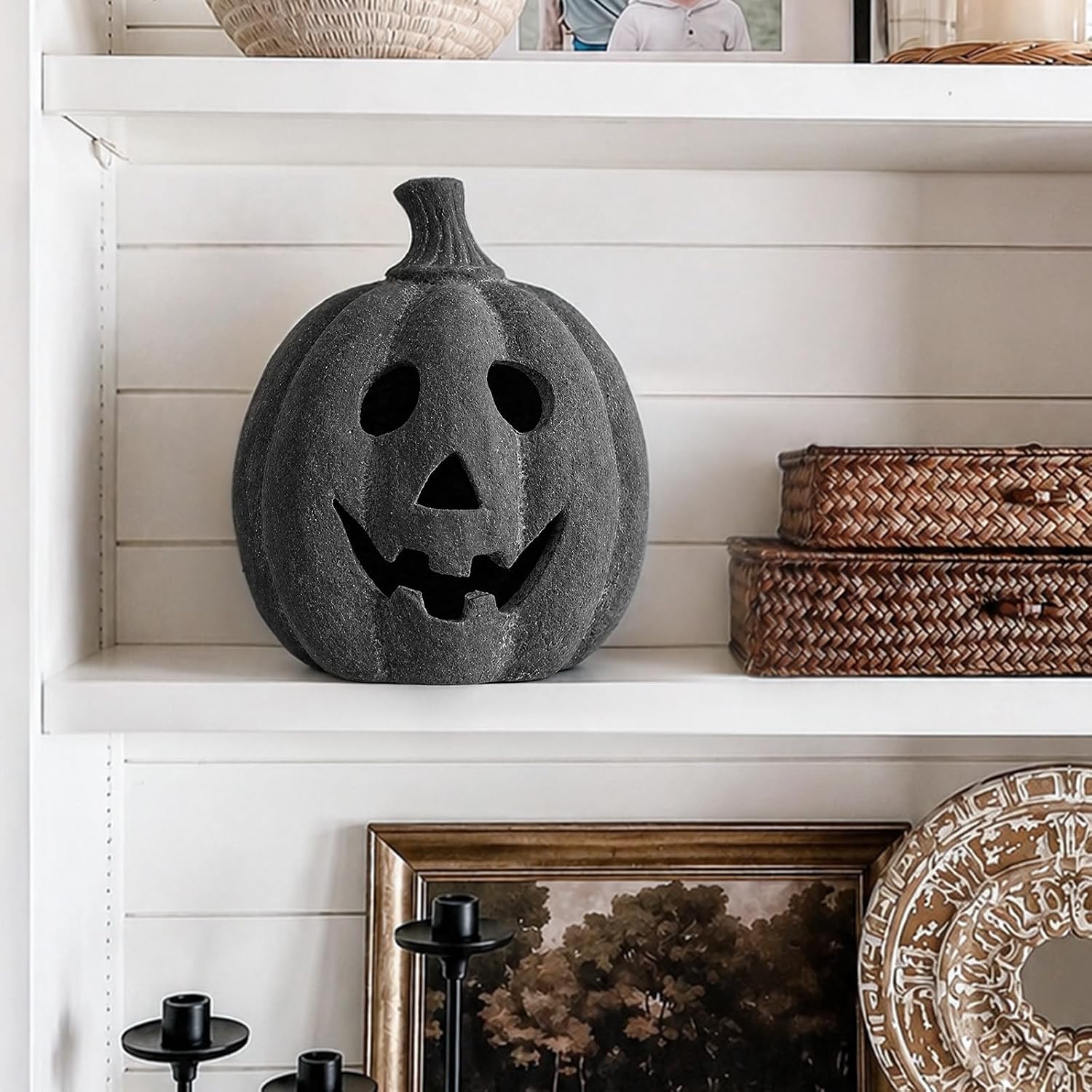 Halloween Decorations - Fall Decor - 7.5"H Black Handmade Terracotta Jack O Lantern Pumpkin for Outdoor Indoor -Cute Spooky Decoration Centerpieces for Tables Porch Yard Home Kitchen Front Door Mantel