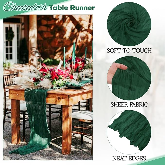 Aktor 12 Pack Emerald Green Table Runner Boho Cheesecloth Table Runner Semi Sheer Gauze Fabric Runners for Wedding Birthday Baby Shower Party Boho Table Decoration（Emerald Green）