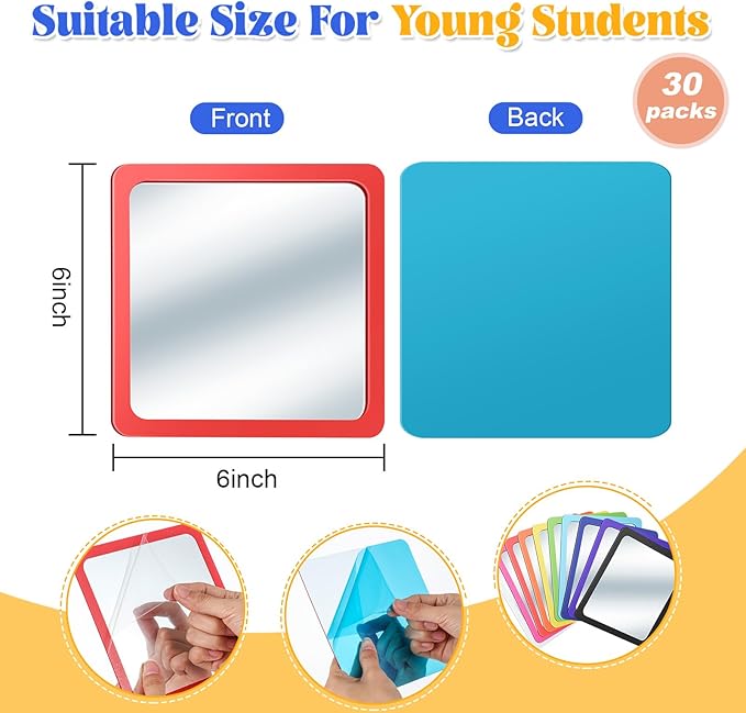 Dandat 30 Pcs Small Mirrors for Kids 6 x 6 Inch Square Shatter Proof Reflector Toddler Glass Plastic Reflector for Classroom DIY Craft Preschool Facial Expression (Rich Colors)