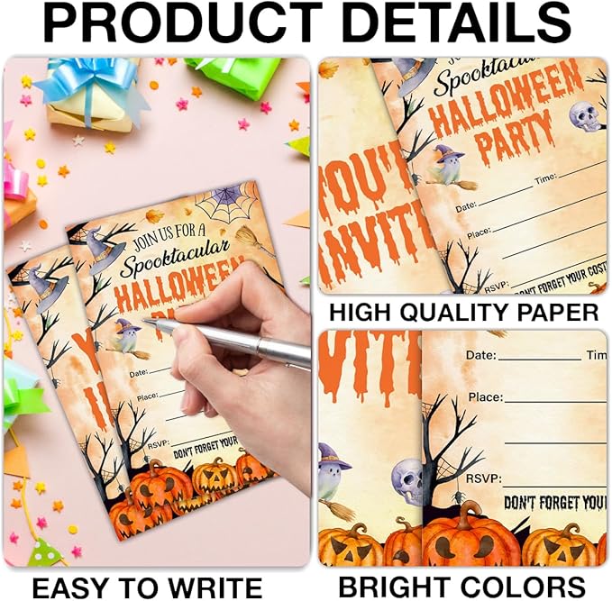 Halloween Party Invitations, Spooky Pumpkins Halloween Party Fill in Invites Cards With Envelopes (20 Count), Double Sided Design