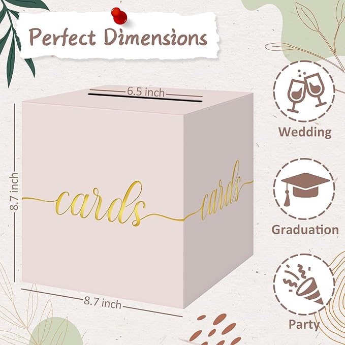 QIKSION Blush Pink Wedding Card Box, Rose Gold Foil Gift Card Box for Party, Wedding Reception, Graduation, Birthday, Baby Shower, Raffle