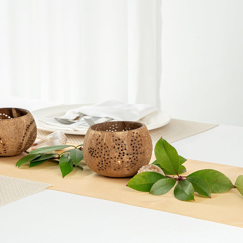 Restaurantware-Coco Casa 4 x 3.3 Inch Coconut Shell Candle Holders, 1 Reusable Tealight Holders - Candle Not Included, Leaf Pattern, Brown Coconut Bowls For Candles, Handcrafted