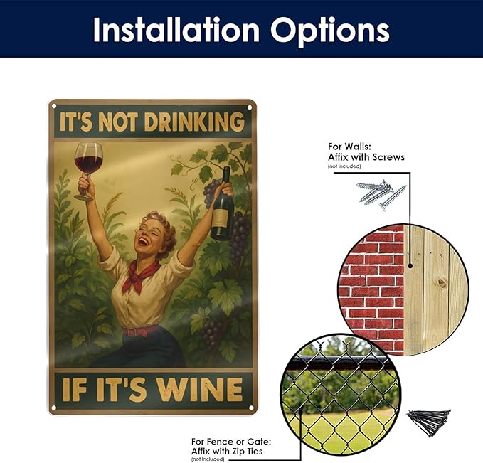Funny Wine Aluminum Sign - "It's Not Drinking If It's Wine" - Vintage Metal Wall Decor for Bar, Kitchen, or Home - 8"x12"