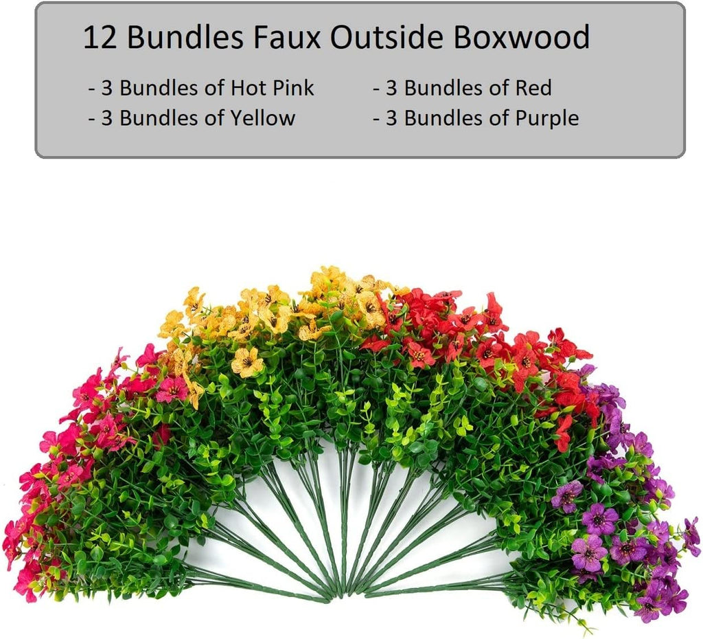 florisso Artificial Flowers for Outdoors Daisy 12 Bundles for Home Decoration, Faux Flower Fake Plants Outside Decoration with Eucalyptus UV Resistant for Planter Porch Patio Yard Garden Colorful
