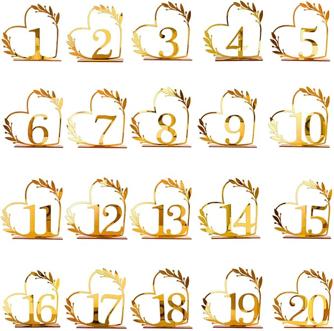 Gold Acrylic Heart-Shaped Table Numbers 1-20 for Weddings, Anniversaries, Parties, Birthdays, Events | 4.5" x 4.5"
