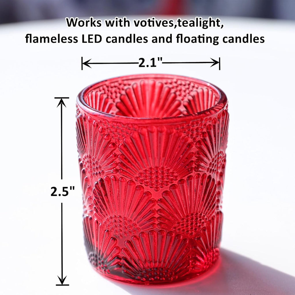 Woho Red Votive Candle Holders Set of 12 for Boho Wedding Table, Ginkgo Leaves Design Tealight Candle Holder Vintage for Christmas Decorations, Glass Tea Lights Candle Holder for Valentines Day Decor