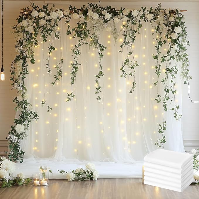 Tulle Backdrop Curtain with Lights String 30 X 8FT Ivory Sheer Tulle Backdrop Curtains for Wedding Birthday Party Reception Photo Booth Background Decorations (6 Panels 5x8FT)
