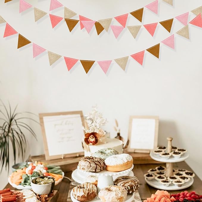 Boho Party Decorations Brown Blush Pink Felt Hanging Triangle Mini Bunting Pennant Banner Flag for Birthday Engagement Baby Shower Bachelorette Wedding Holiday Hen Party Classroom Nursery Decor
