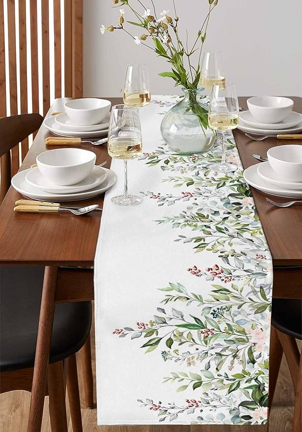Botanical Eucalyptus Cotton Linen Table Runner for Dining Kitchen, Wedding Outdoor Party Tablerunners Decoration, Sage Green Leaves Elegant Floral Dresser Scarf Coffee Tablecloth Runners 13x72 Inches