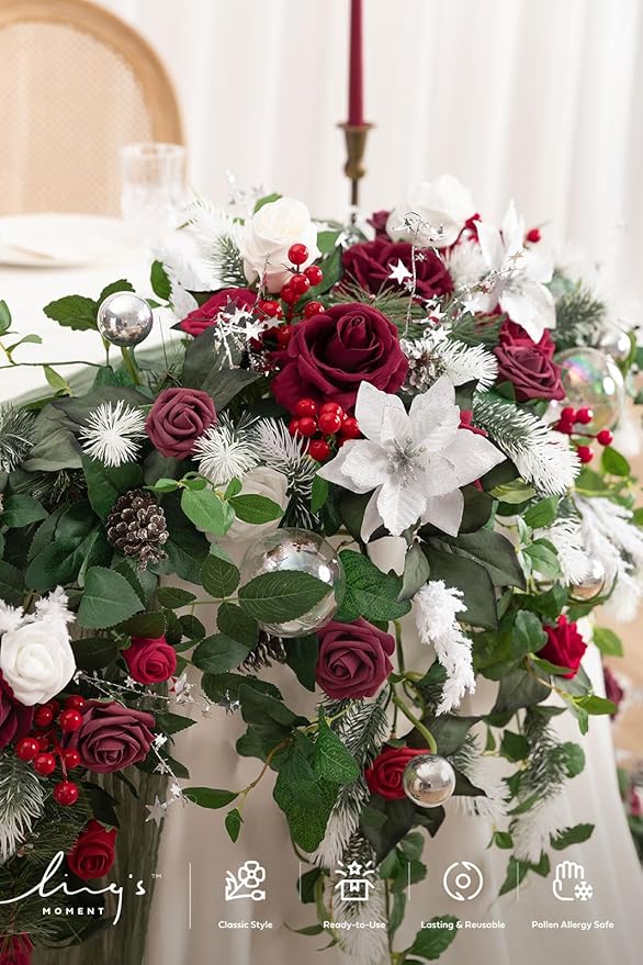 Ling's moment 9FT Eucalyptus and Willow Leaf Garland with White Flower, Handcrafted Wedding Sweetheart Table Centerpieces Head Table Decor Arch Backdrop Decorations for Wedding | Red & White