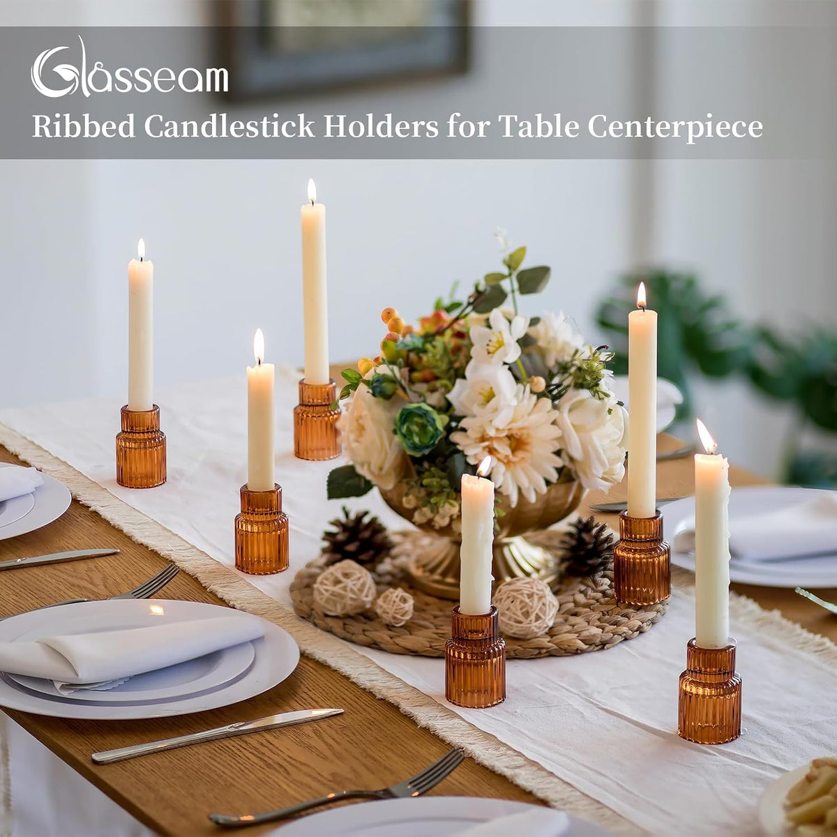 Glasseam Tapered Candlestick Holders Bulk: 20 Pcs Amber Fall Table Decor