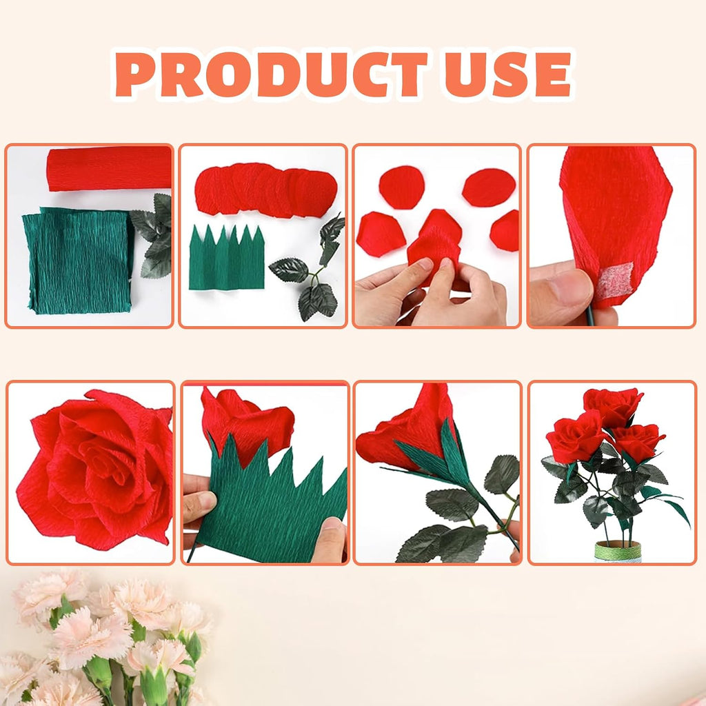Cieovo Crepe Paper Flower DIY Kits, 12 Rolls Bright Colors Crepe Paper Rolls Floral Tape and 50 Green Floral Iron Wire for Wedding Festival Party Wreath Making Supplies DIY Flower Crafts