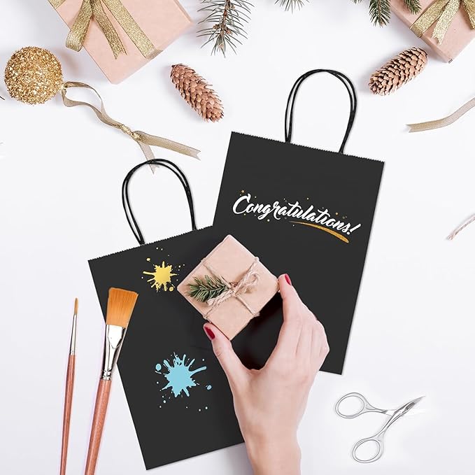 GSSUSA 200 Pack Black Paper Gift Bags 5.25x3.75x8'', Black Kraft Bags with Handles Bulk for Shopping, Craft, Grocery, Party, Retail, Lunch, Business, Wedding, Merchandise, Boutique