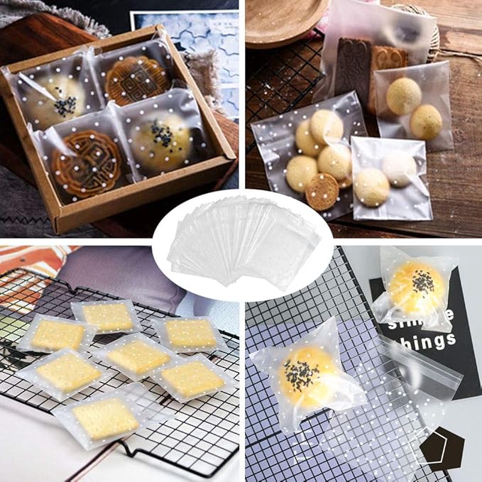 Self Adhesive Cookie Cellophane Treat Bags with Seal 5.5x5.5 Inches, 4 Mils Self Sealing Resealable Individual Plastic Packaging Bags with Thank You Labels for Gift Giving Party Favor Candy 100 Pcs