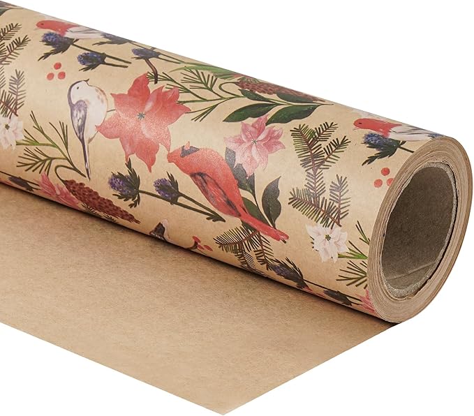 RUSPEPA Kraft Christmas Wrapping Paper Roll, Mini Roll, Watercolor Bird and Botanical Design with Flowers & Pinecones, Kraft Gift Wrap for Women, Friends, Holiday, Winter Party, 17 Inches x 16.4 Feet