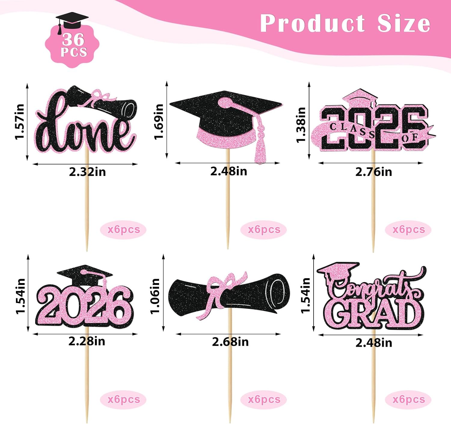 Pink Graduation Cupcake Toppers 2026, 36pcs Glitter Class of 2026 Cupcake Toppers for Graduation Party Decoration Grad Cap Diploma Done Congrats Grad Picks for Food Dessert Party Supplies