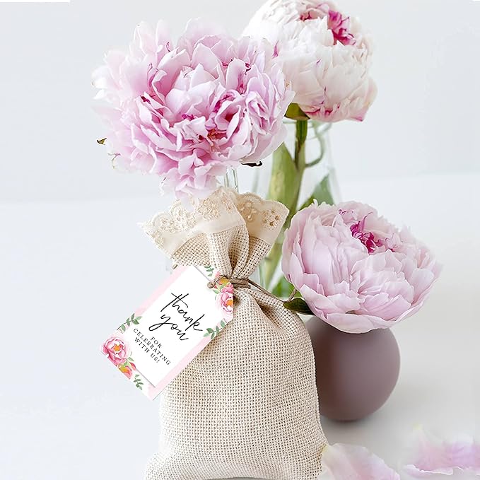 Andaz Press 100-Pack Thank You For Celebrating With Us Favor Tags Pink Peonies Cardstock Gift Tags with Bakers Twine for Wedding Baby Shower Bridal Shower Birthday Holiday Party Favors 2 x 3.75-Inches