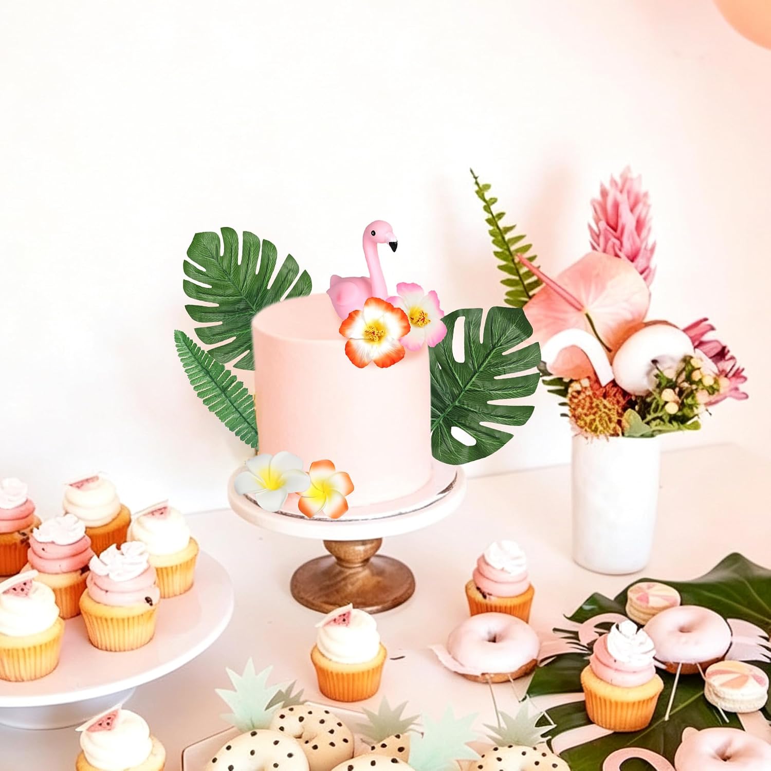 9 PCS Flamingo Cake Toppers Palm Leaves Hibiscus Flowers Flamingo Cake Decoration Hawaiian Cake Decorations for Tropical Luau Summer Hawaii Theme Baby Shower Birthday Party Decorations Supplies