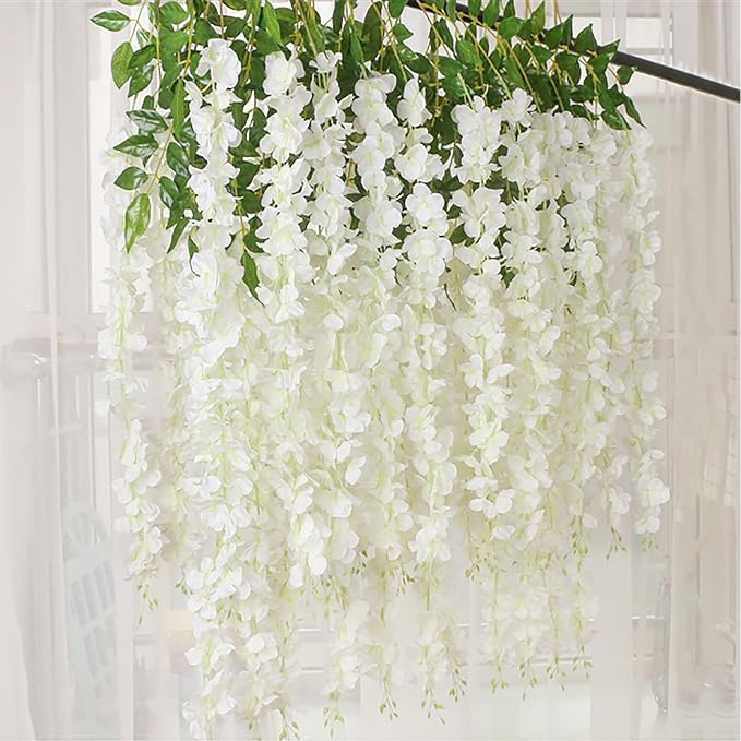 24 Pack White Green Wisteria Hanging Flowers Garland, 3.77 Feet Artificial Flower Vines, Fake Wisteria, Artificial Vines Hanging Garland for Backdrop Outdoor Yard Garden Decor