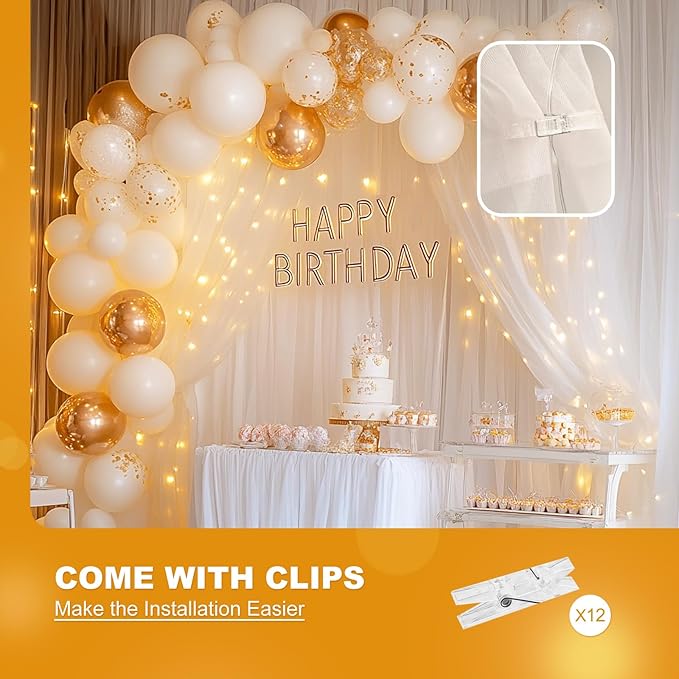 White Tulle Backdrop with Fairy Lights for Parites Wrinkle-Free Sheer Curtain Drapes Photo Back Drop for Wedding Baby Shower Bridal Shower Birthday Dance Home Décor- 10ft×8ft, White