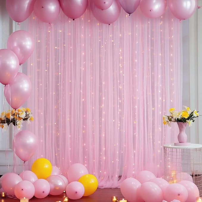 10×10ft Pink Tulle Backdrop Curtain with Lights String for Parties, Sheer Photo Curtain Backdrop Drapes for Wedding Party Photography Backgrounds