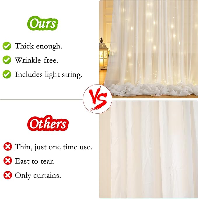 10ft x 7ft Cream White Chiffon Backdrop Curtain with Lights String for Parites Wedding Wrinkle Free Curtain Photo Backdrops Drapes for Baby Shower Birthday Party Home Decorations