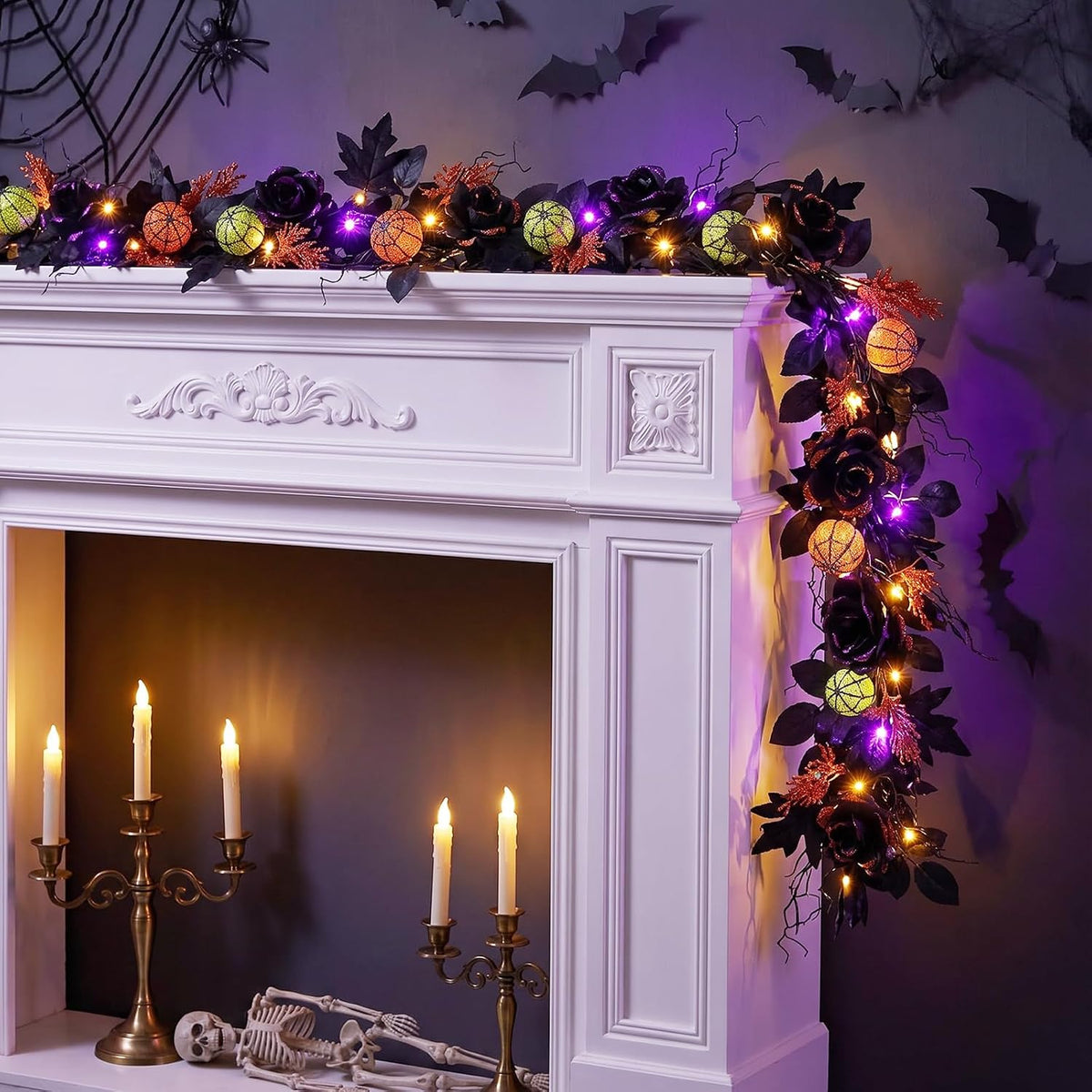 6FT Pre-Lit Halloween Garland with Lights, 2Pcs Black Rose Garland