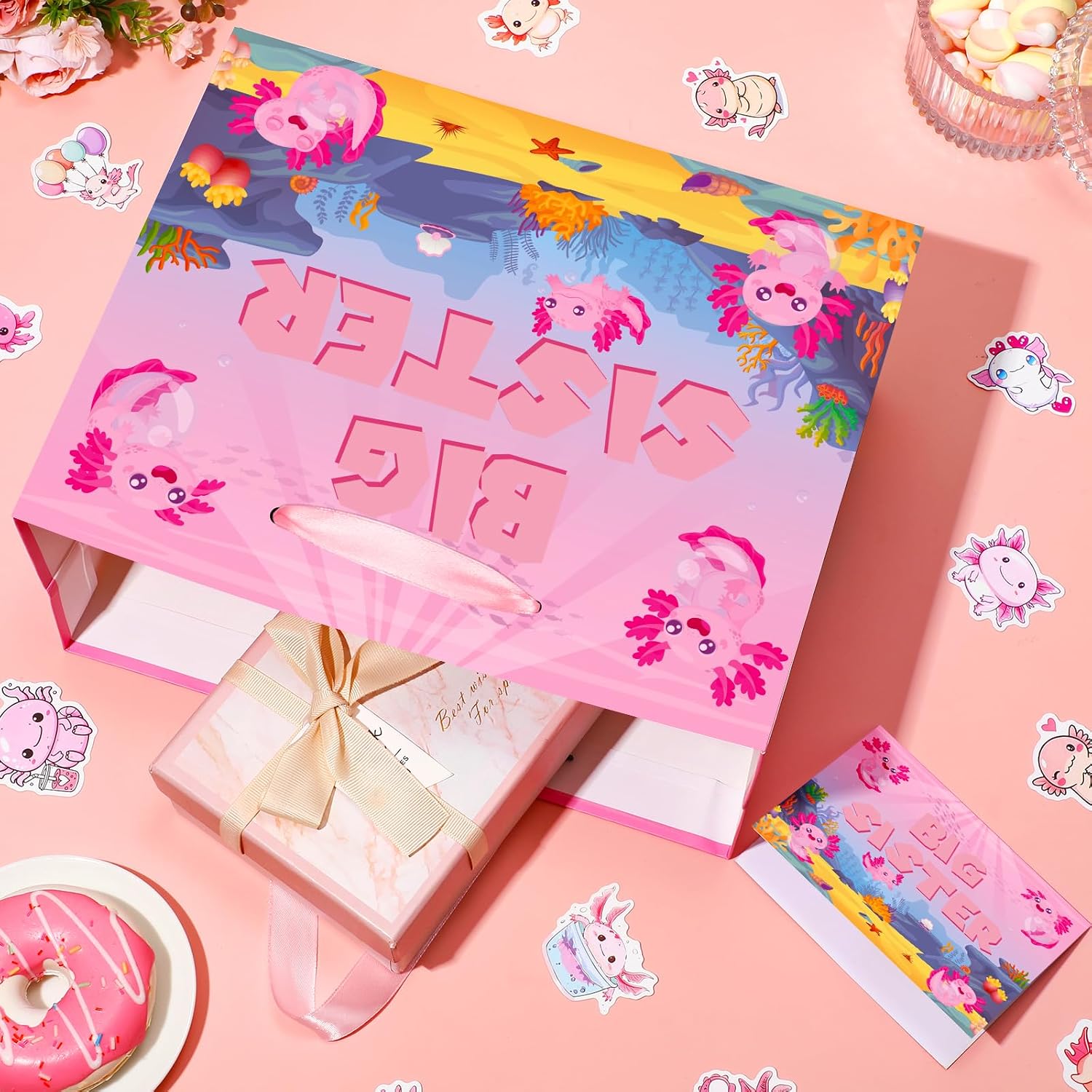 TagreSpike Big Sister Gift Bag for Girls, Axolotl Big Sister Gift Bag with Tissue Paper and Greeting Card Axolotl Wrapping Paper Bags New Sister Party Decor for Little Girl Birthday Party Supplies