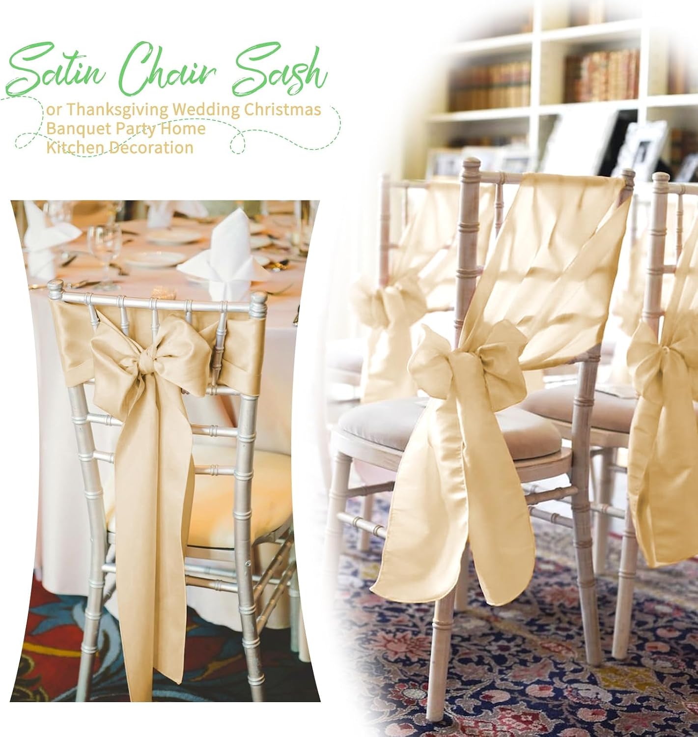 120 PCS Champagne Satin Chair Sashes, Ties Bows Designed Chairs Decorative, Chair Cover Sashes for Thanksgiving Wedding Christmas Banquet Party Home Kitchen Decoration (7 x 108 inch)
