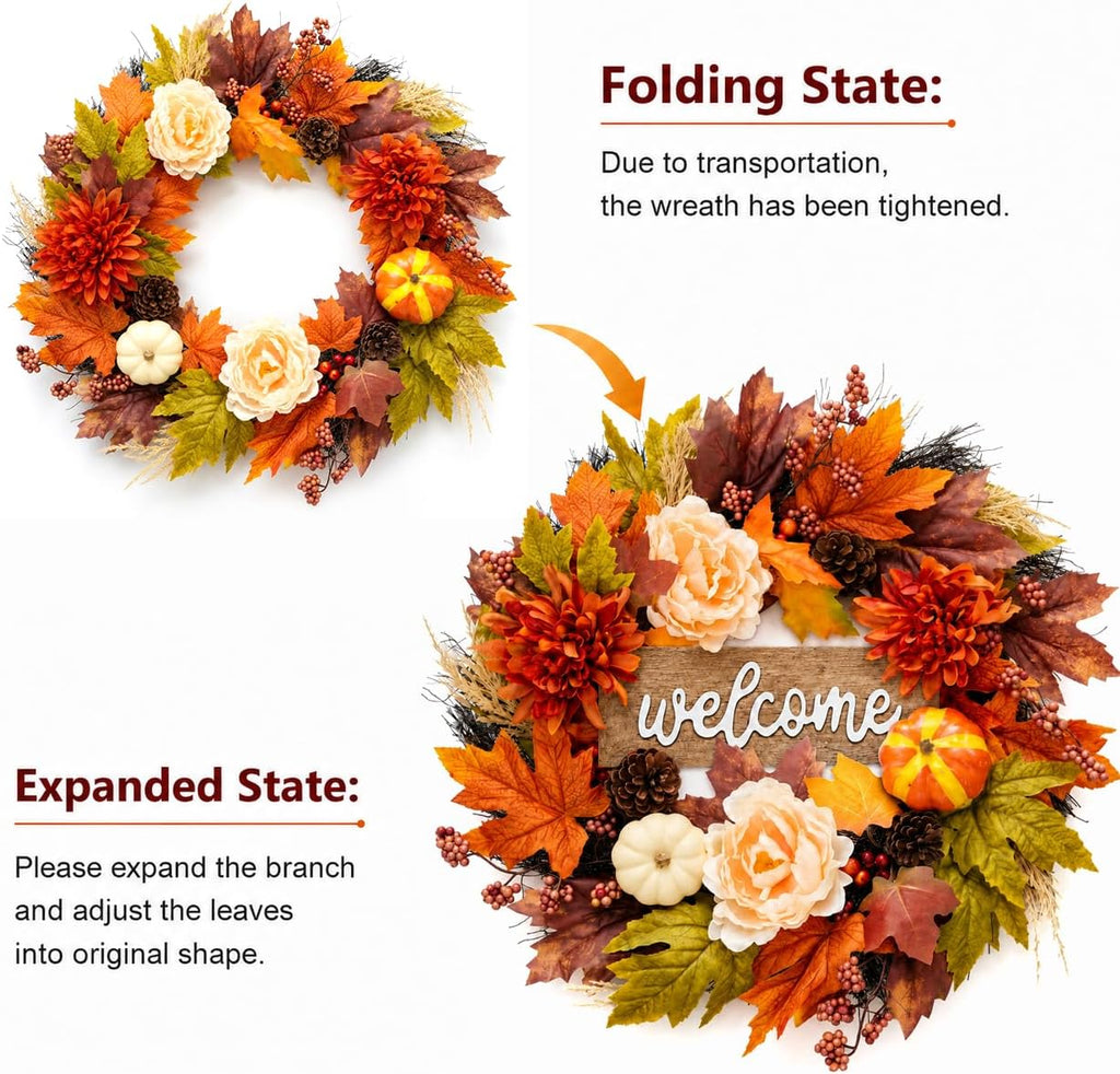 24 inch fall wreaths for front door, autumn, side view