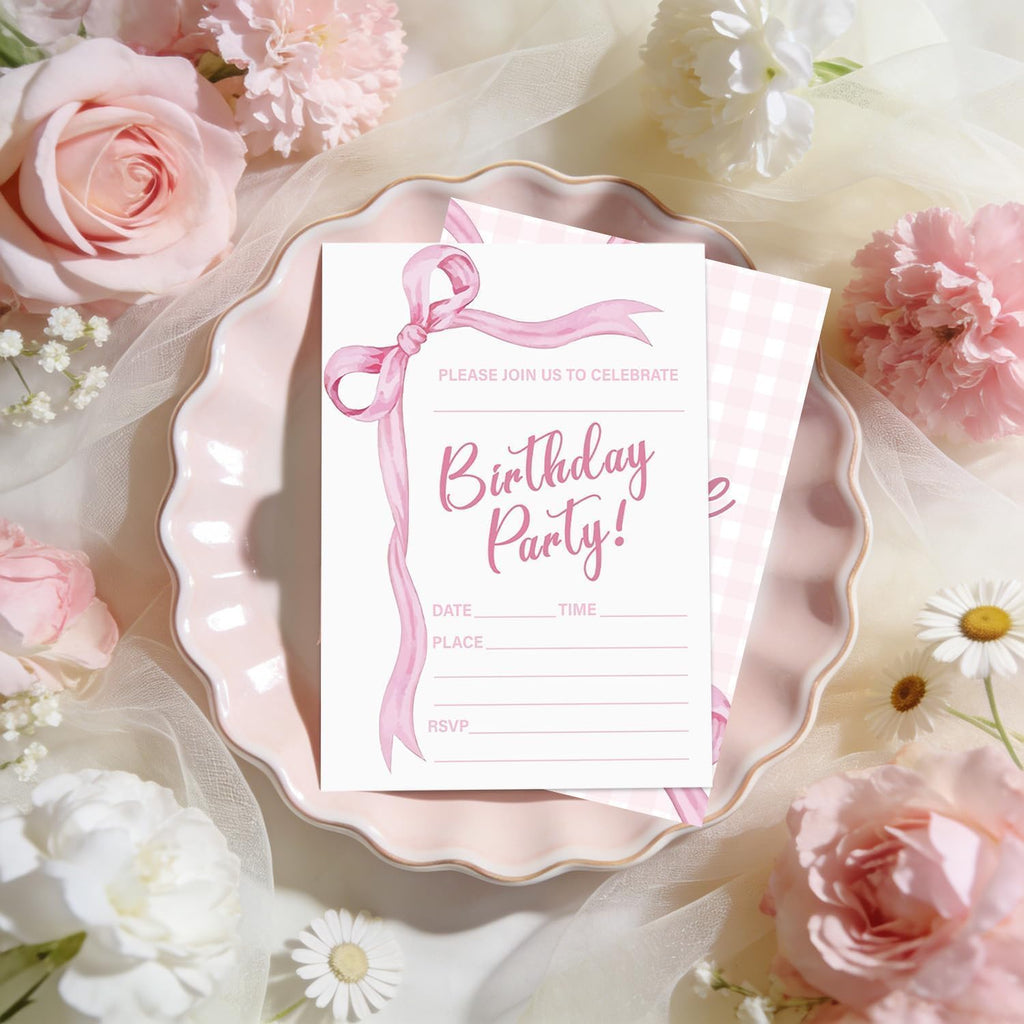 Pink Bow Birthday Invitations for Girls Boys, 20 Sets Bow Knot Invitation Cards with Stickers and Envelopes for Birthday Baby Showers Weddings and Celebrations, 4.7 x 6.7 Inch