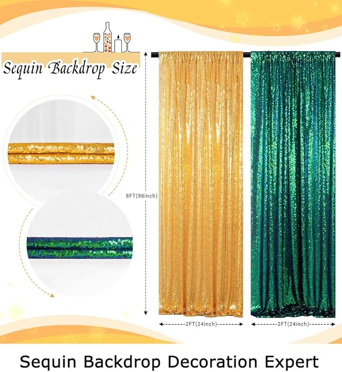 ShinyBeauty Sequin Backdrop Set of 4, 2FTx8FT Photo Backdrop Sequin Curtains Shimmer Wall Backdrop Photograph Backgrounds Sparkle Backdrop Curtains (Iridescent Green and Gold)
