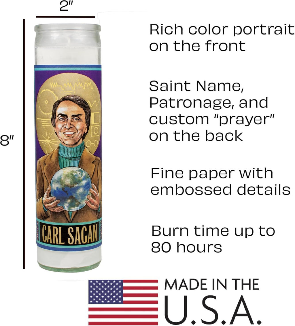 The Unemployed Philosophers Guild Carl Sagan Secular Saint Candle - Unscented 8 Inch Tall Glass Prayer Votive, Made in The USA
