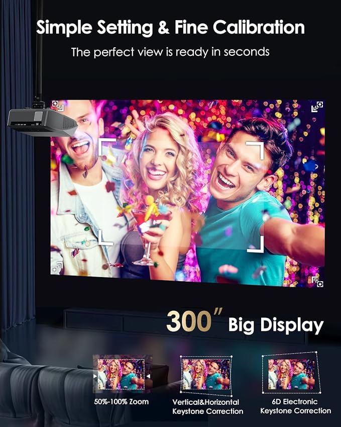 Smart 4K Projector Movie Gaming Karaoke TV, 2300 ANSI High Brightness Ultra HD Proyector Indoor Daylight, NFC, Auto Focus, WiFi 6, Bluetooth, DSP Audio, HDMI, Outdoor Home Theater/Bright Room, 2025