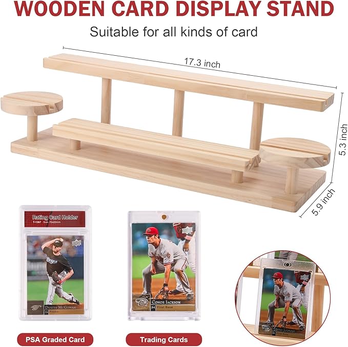 Wooden Trading Card Display Stand, 3-Tier Card Holder for Graded, Sports and TCG Cards, Tabletop Display Holder, Rustic Solid Wood Shelf Stand for Basketball Football Hockey(Wood Grain)