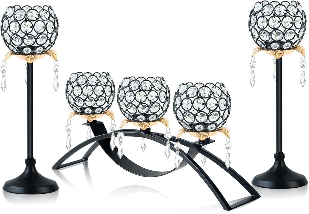 Set of 3 Crystal Tea Light Candlestick Holders Flower Shape with Crystal Pendant Bowl Votive Metal Candle Holder for Table Centerpieces Wedding Home Decor (Black+Gold)