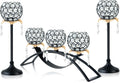 Set of 3 Crystal Tea Light Candlestick Holders Flower Shape with Crystal Pendant Bowl Votive Metal Candle Holder for Table Centerpieces Wedding Home Decor (Black+Gold)
