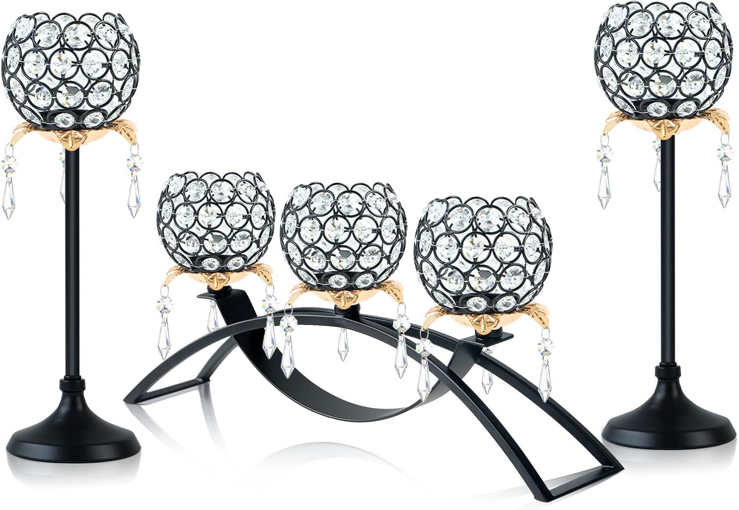 Set of 3 Crystal Tea Light Candlestick Holders Flower Shape with Crystal Pendant Bowl Votive Metal Candle Holder for Table Centerpieces Wedding Home Decor (Black+Gold)