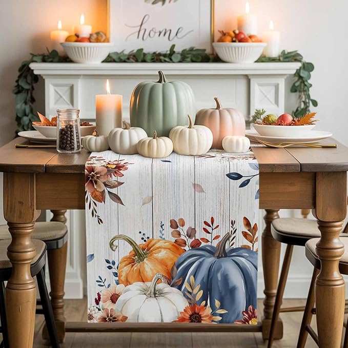 Thanksgiving Fall Cotton Linen Table Runner for Dining Kitchen, Pumpkins Eucalyptus Wedding Outdoor Party Tablerunners Decoration, Farmhouse Wooden Dresser Scarf Coffee Tablecloth Runners 13x90 Inches